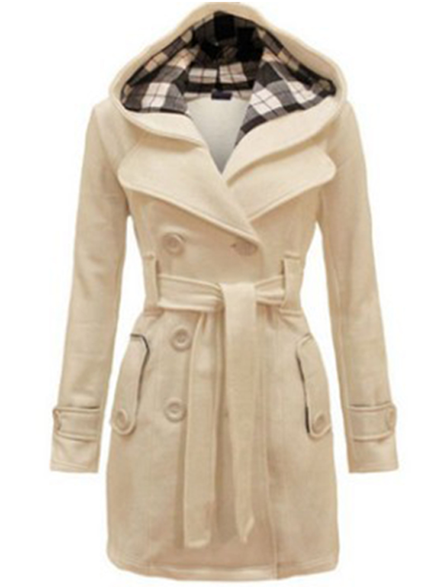 Long Checked Hooded Coat With Belt