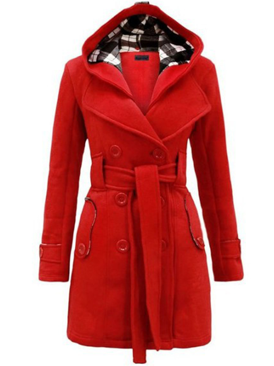 Long Checked Hooded Coat With Belt