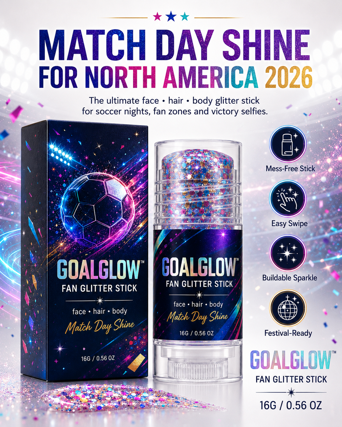 GoalGlow™ Fan Glitter Stick Face · Hair · Body Match Day Shine