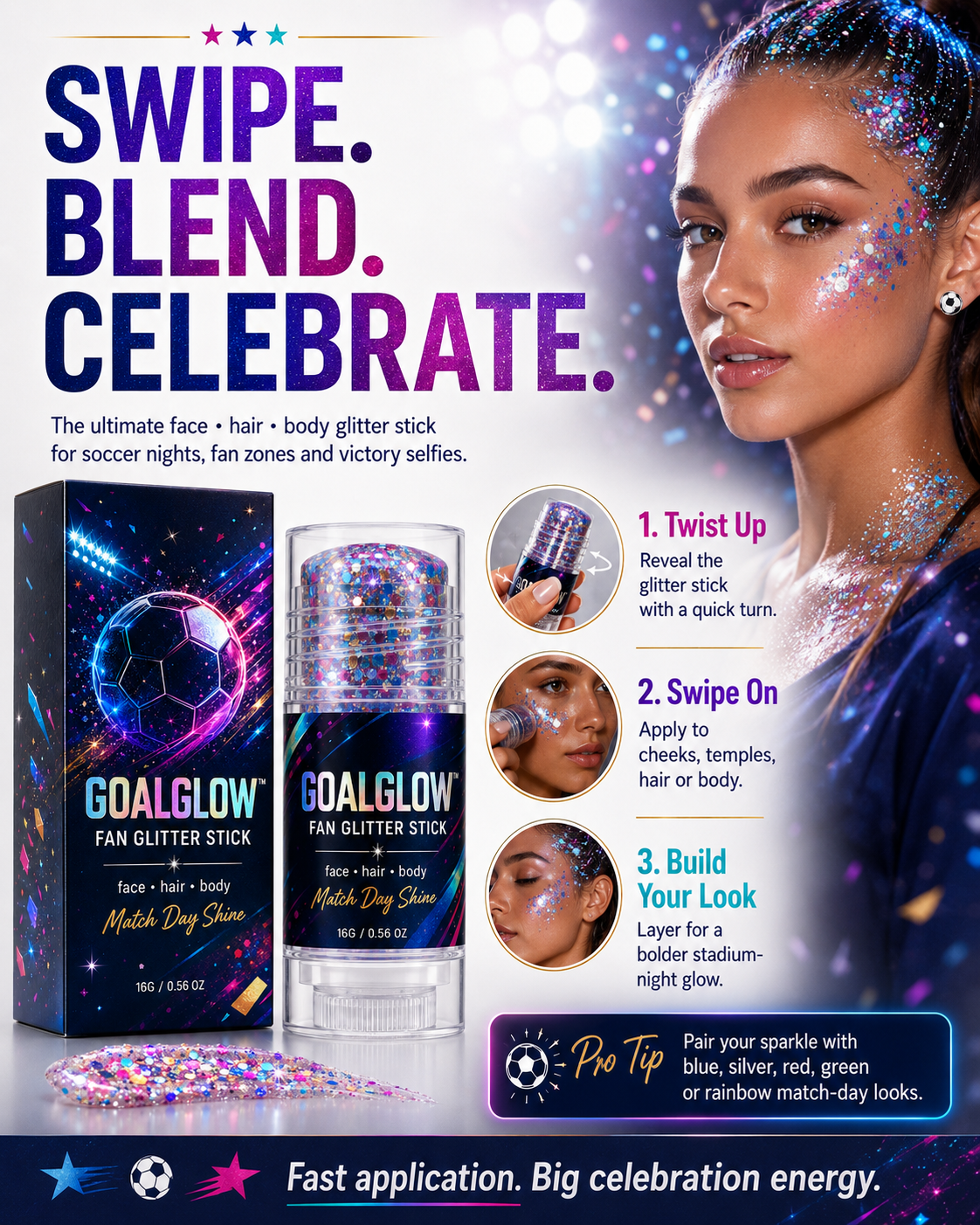 GoalGlow™ Fan Glitter Stick Face · Hair · Body Match Day Shine