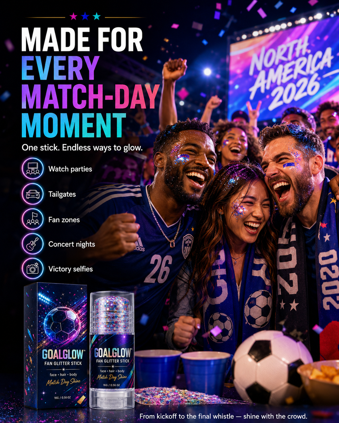 GoalGlow™ Fan Glitter Stick Face · Hair · Body Match Day Shine