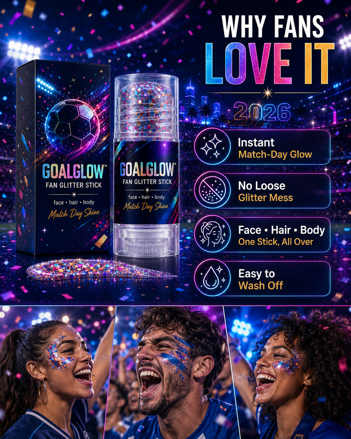 GoalGlow™ Fan Glitter Stick Face · Hair · Body Match Day Shine