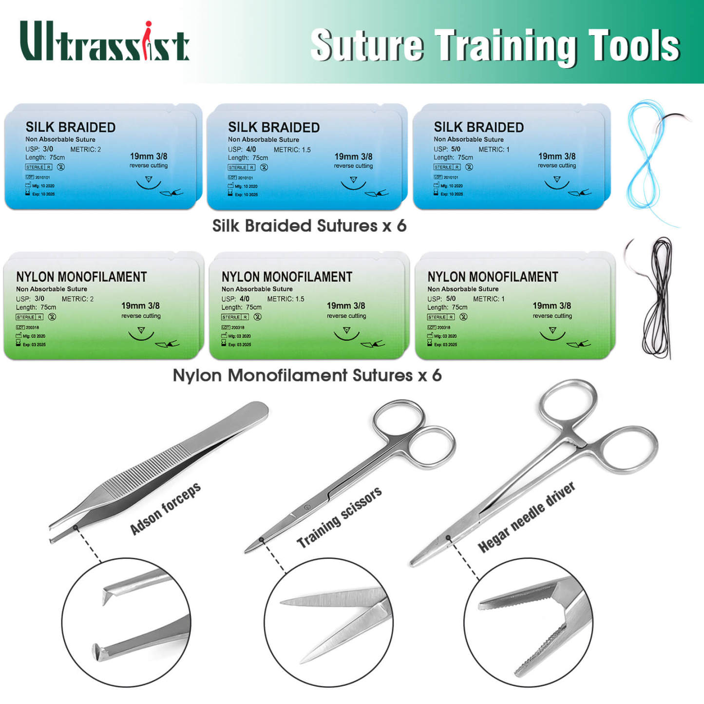 Ultrassist Beginner Suture Kit with Silicone Stitching Pad for Medical & Vet Students