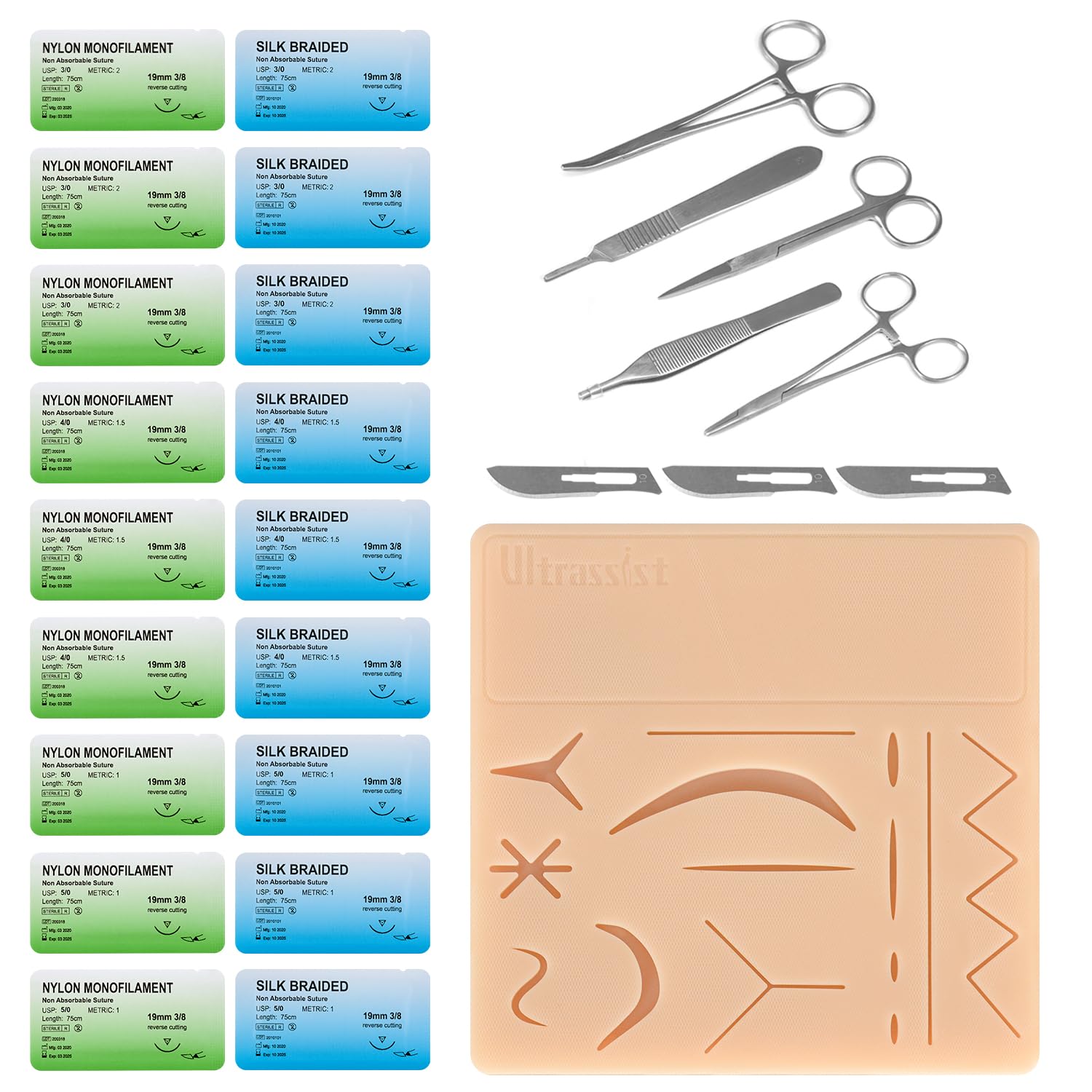 Ultrassist Complete Suture Kit (27 Pieces) for Suturing Classes, Upgraded Suture Training Pad with Pre-cut Incisions