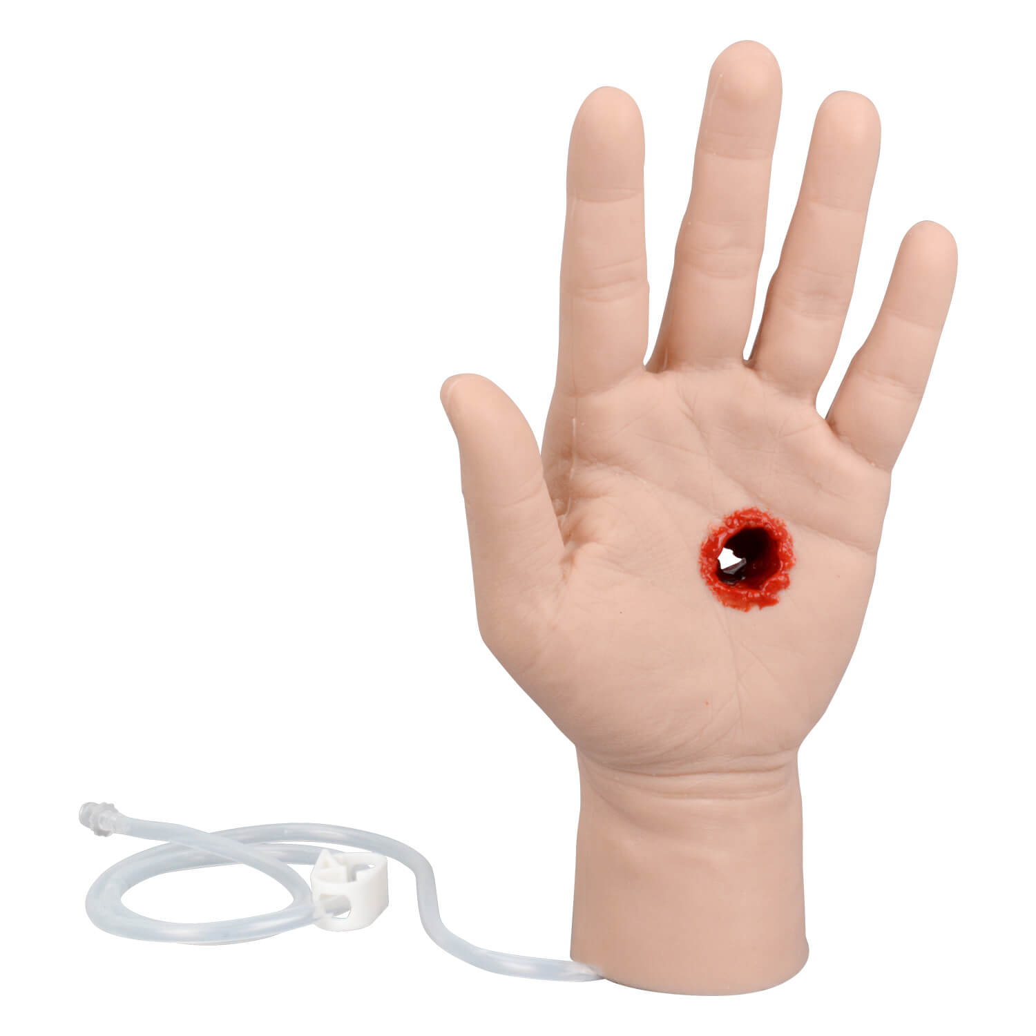 wound packing trainer hand with through-and-through gunshot wound