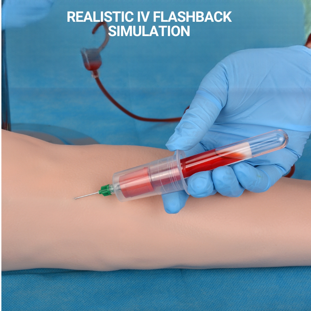 Injection training arm with simulated blood return for venipuncture practice