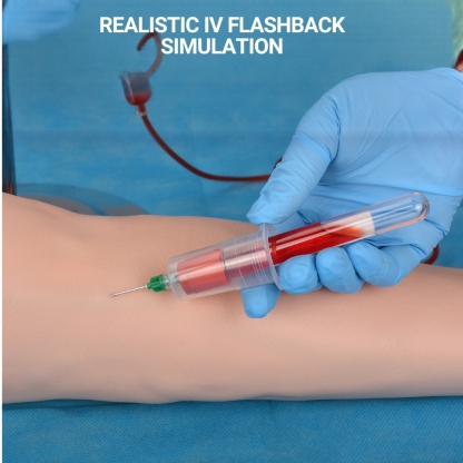 Injection training arm with simulated blood return for venipuncture practice