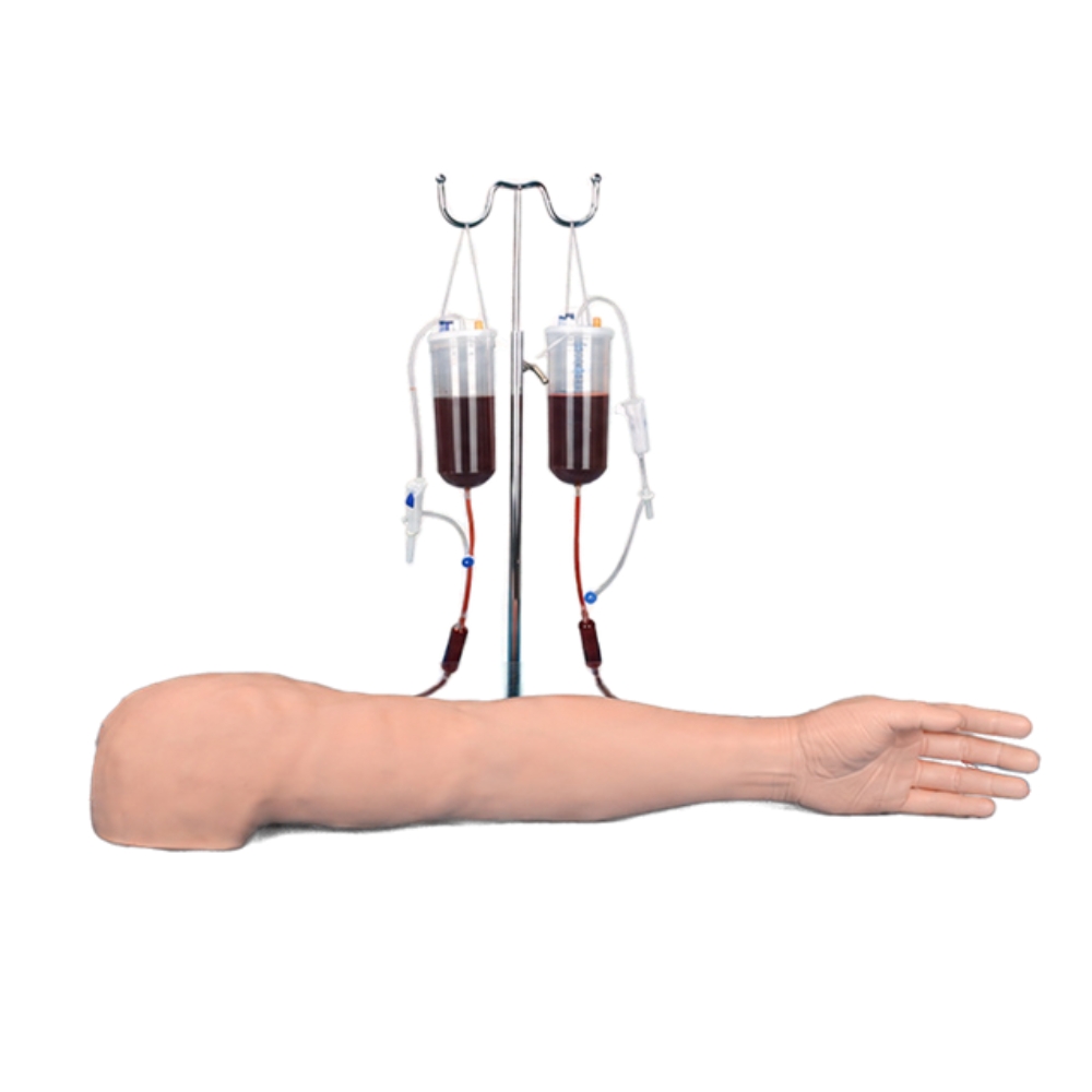Injection and phlebotomy training arm with simulated blood flow system