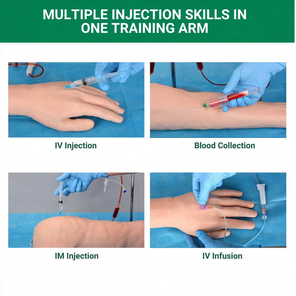 Training arm for IV injection, blood draw, infusion, and catheter insertion