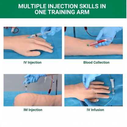 Training arm for IV injection, blood draw, infusion, and catheter insertion