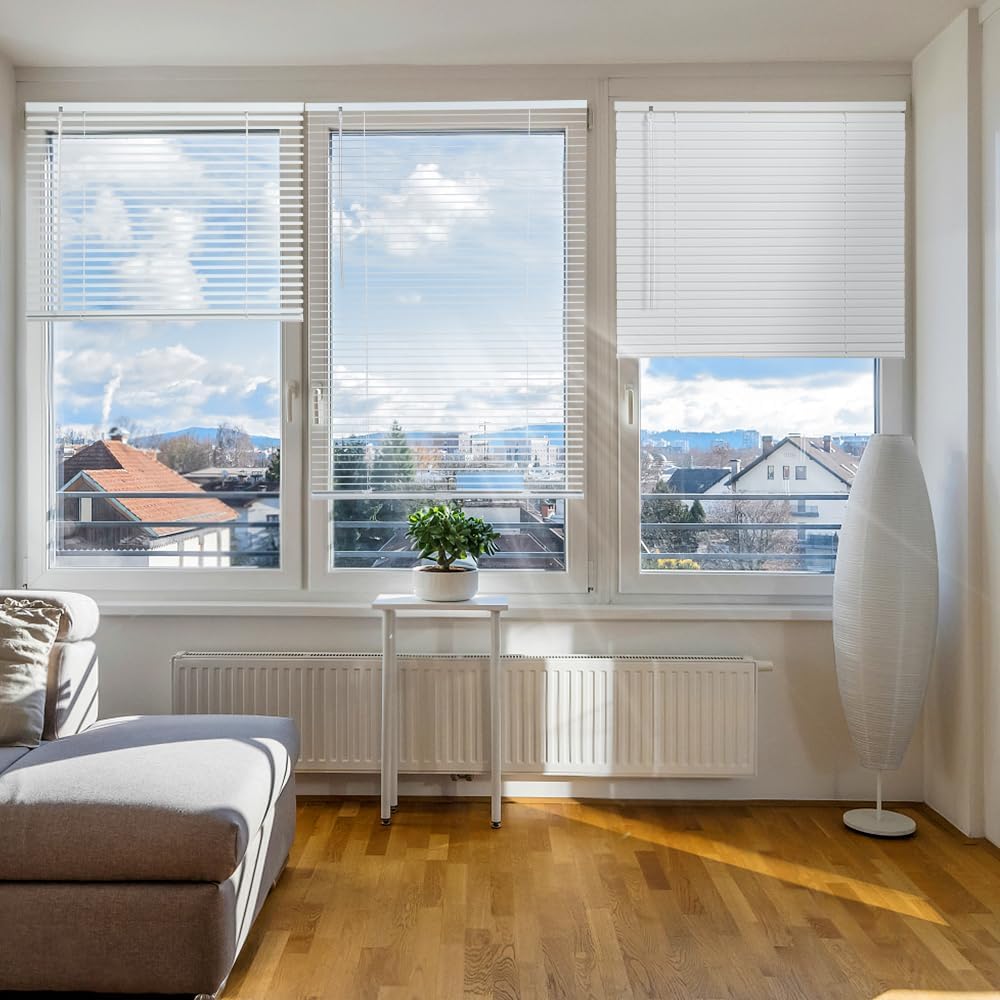 SEEYE Cordless Mini Blinds Aluminum Venetian Blind Horizontal Window Shades, 1" Slat Size - Rooming Darkening Blinds Anti-UV & Waterproof for Bedroom, Office, Easy to Install, 38" W x 64" H, White