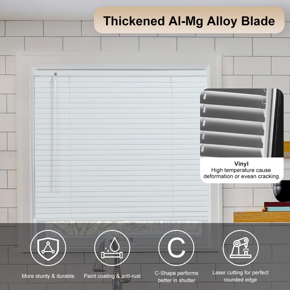 SEEYE Cordless Mini Blinds Aluminum Venetian Blind Horizontal Window Shades, 1" Slat Size - Rooming Darkening Blinds Anti-UV & Waterproof for Bedroom, Office, Easy to Install, 38" W x 64" H, White