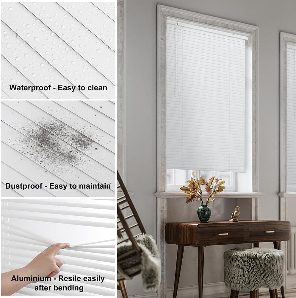 SEEYE Cordless Mini Blinds Aluminum Venetian Blind Horizontal Window Shades, 1" Slat Size - Rooming Darkening Blinds Anti-UV & Waterproof for Bedroom, Office, Easy to Install, 38" W x 64" H, White