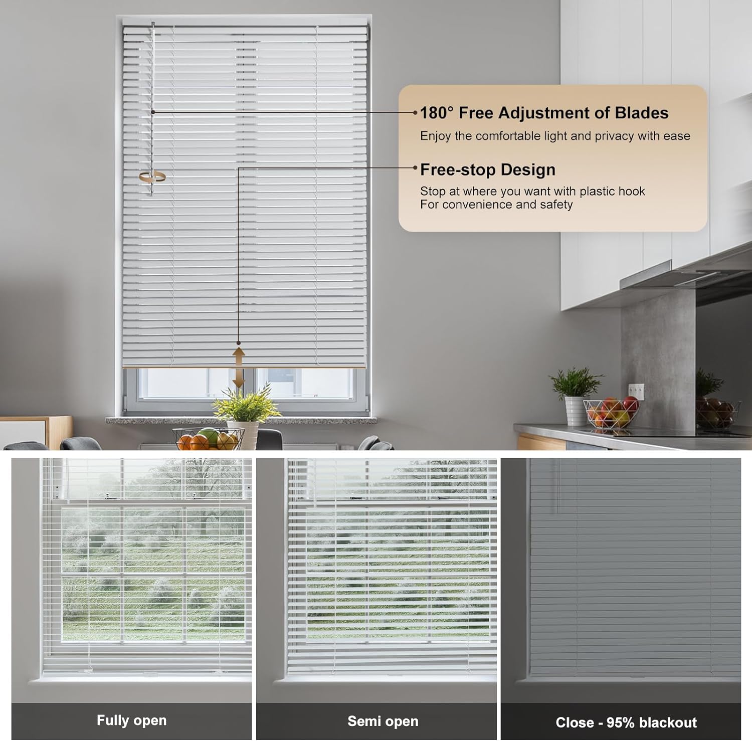 SEEYE Cordless Mini Blinds Aluminum Venetian Blind Horizontal Window Shades, 1" Slat Size - Rooming Darkening Blinds Anti-UV & Waterproof for Bedroom, Office, Easy to Install, 38" W x 64" H, White
