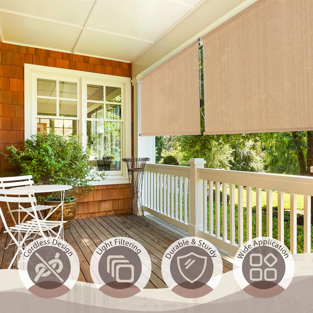 SEEYE Outdoor Sunshade Roller Shades 6' W x 6' H, Cordless Roll Up Shade Blinds Privacy Screen with 90% UV Protection, Exterior Patio Shade Cloth for Porch Pergola Balcony Backyard Windows, Walnut