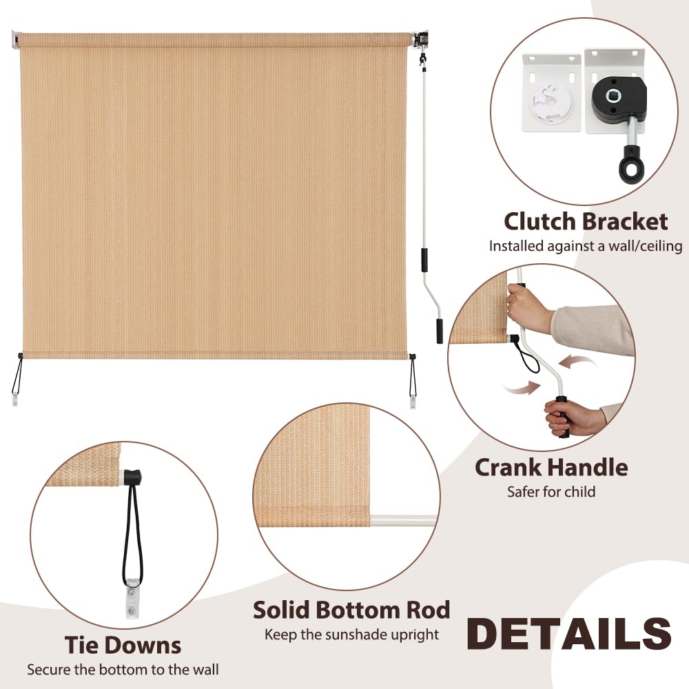 SEEYE Outdoor Sunshade Roller Shades 6' W x 6' H, Cordless Roll Up Shade Blinds Privacy Screen with 90% UV Protection, Exterior Patio Shade Cloth for Porch Pergola Balcony Backyard Windows, Walnut