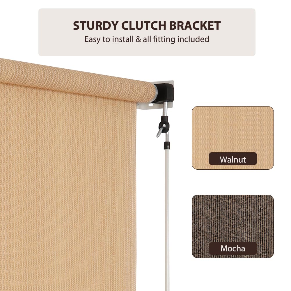 SEEYE Outdoor Sunshade Roller Shades 6' W x 6' H, Cordless Roll Up Shade Blinds Privacy Screen with 90% UV Protection, Exterior Patio Shade Cloth for Porch Pergola Balcony Backyard Windows, Walnut