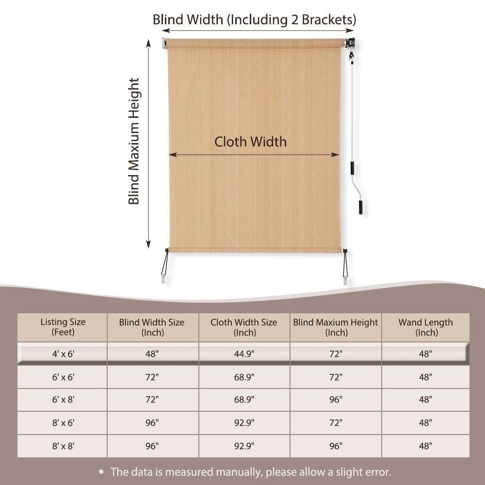 SEEYE Outdoor Sunshade Roller Shades 6' W x 6' H, Cordless Roll Up Shade Blinds Privacy Screen with 90% UV Protection, Exterior Patio Shade Cloth for Porch Pergola Balcony Backyard Windows, Walnut