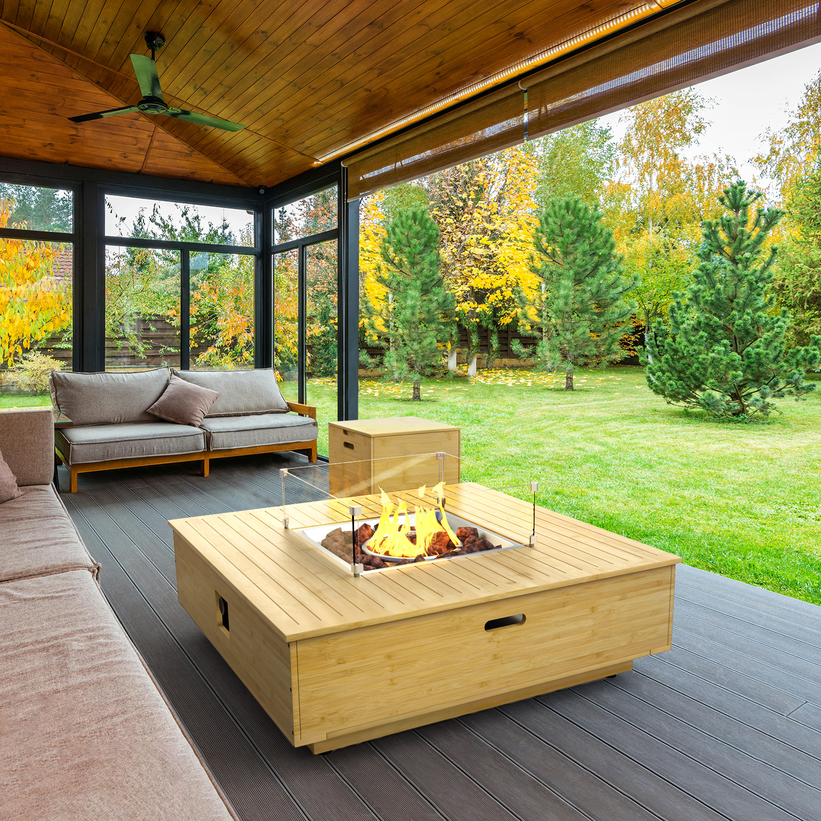 43” Outdoor Propane Fire Pit Table, Square Fire Pit Outside Frame Bracket Wood, Propane Crate Included