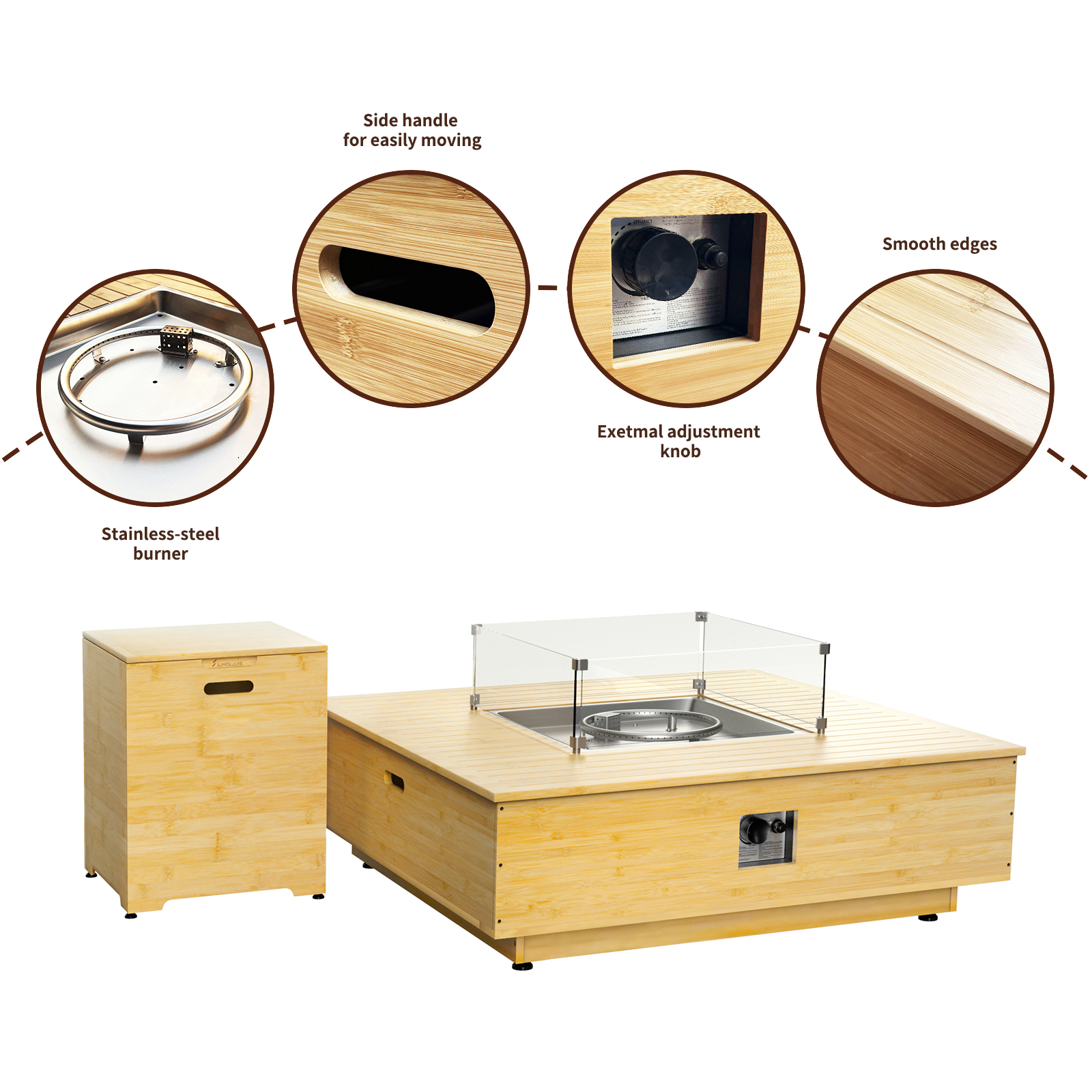 43” Outdoor Propane Fire Pit Table, Square Fire Pit Outside Frame Bracket Wood, Propane Crate Included