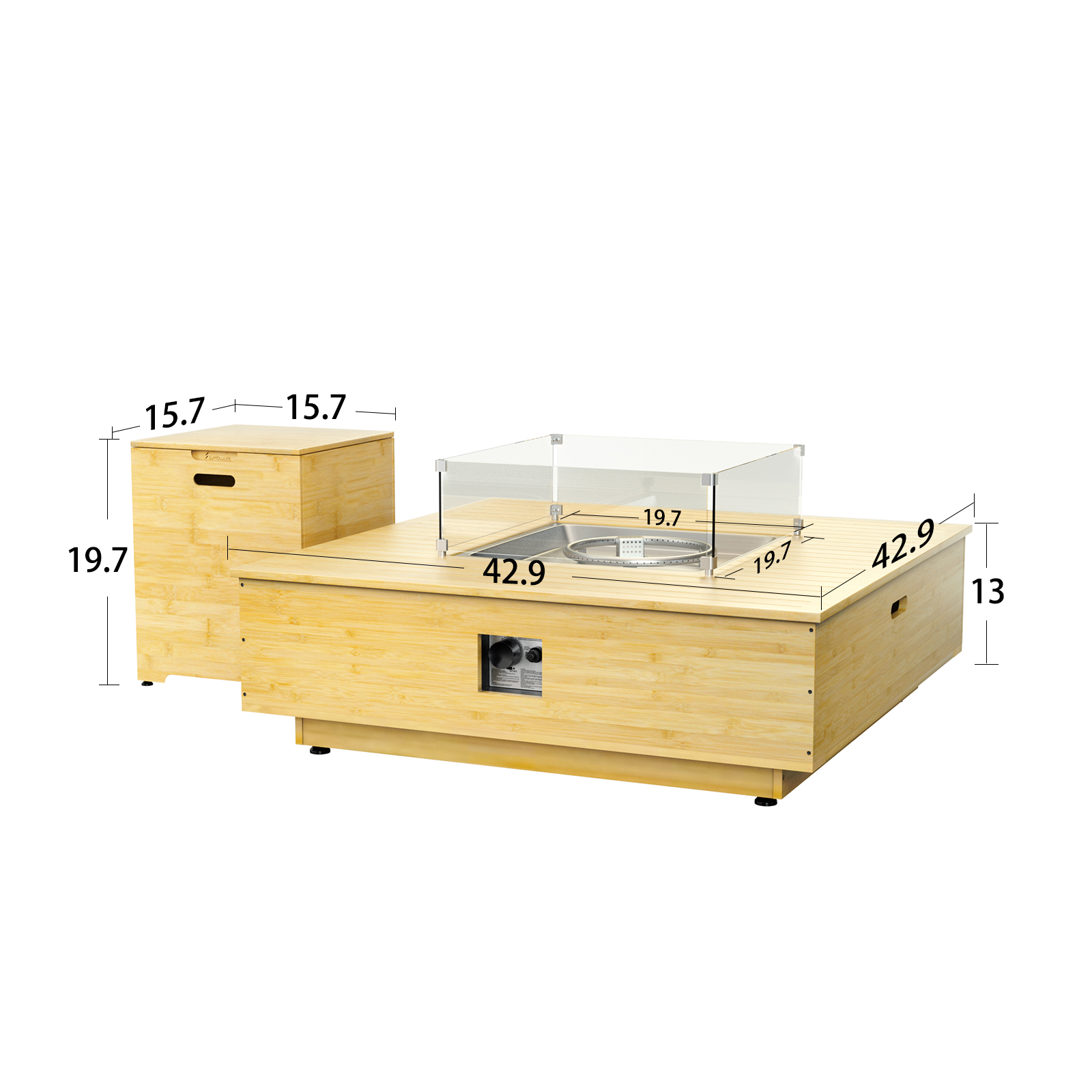 43” Outdoor Propane Fire Pit Table, Square Fire Pit Outside Frame Bracket Wood, Propane Crate Included