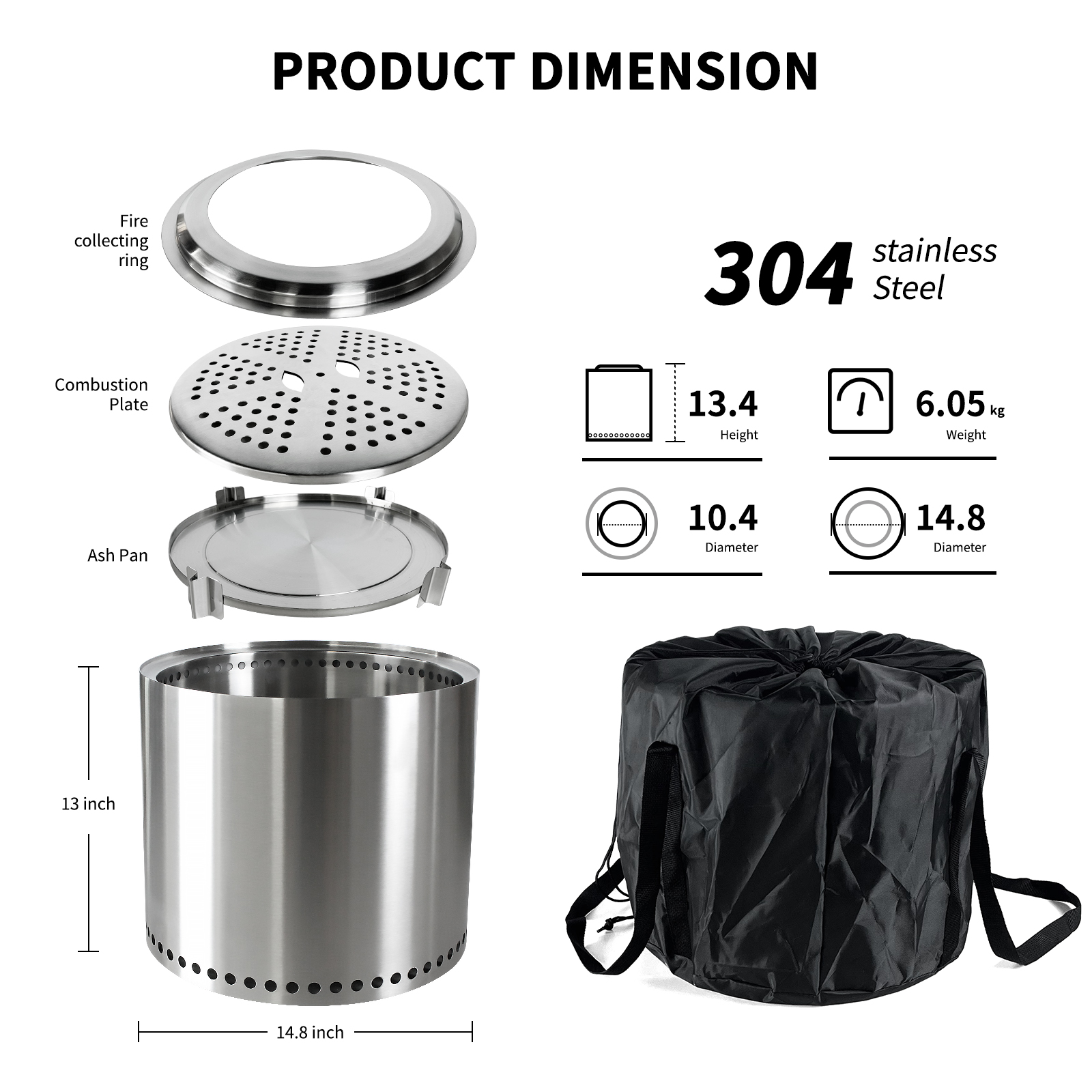 Stainless Steel Portable Low Smoke Wood Burning Fire Pit