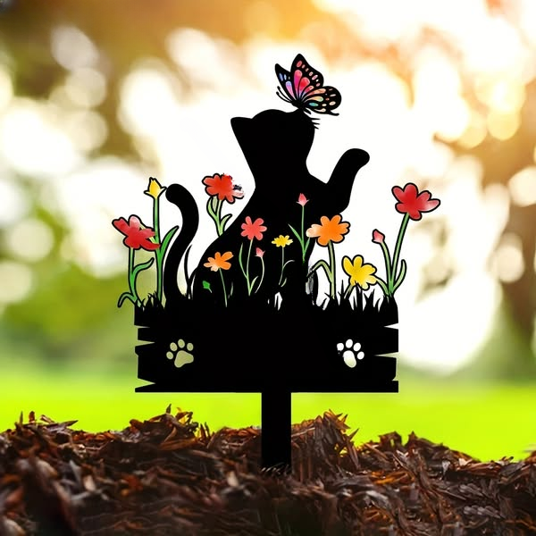 In Loving Memory Cat Garden Stake – Floral Pet Memorial Plaque