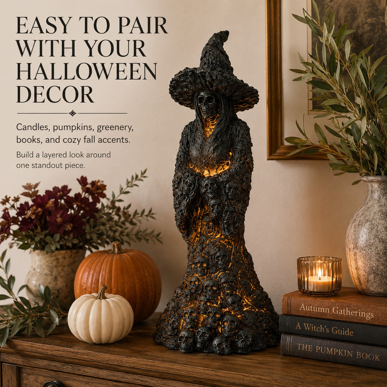 Complete Halloween display with glowing skull witch statue