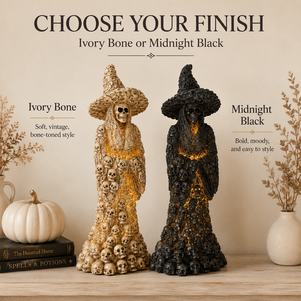 Midnight Black and Ivory Bone skull witch statue finish options