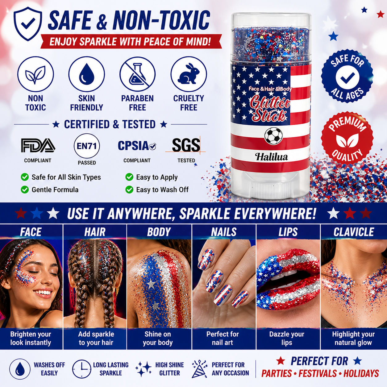 Last Day 49% OFF🔥🦅4th of July Glitter Stick✨🔔Red, White & Blue Body & Hair Sparkle