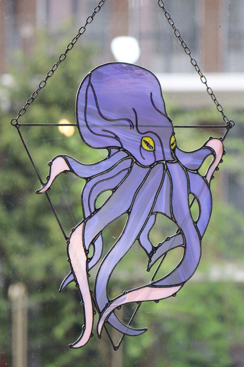 Purple Octopus Stained Glass Suncatcher. Premium House Home Decor. Window Wall Hangings. Pendant Halloween Creepy Cling kraken tentacles
