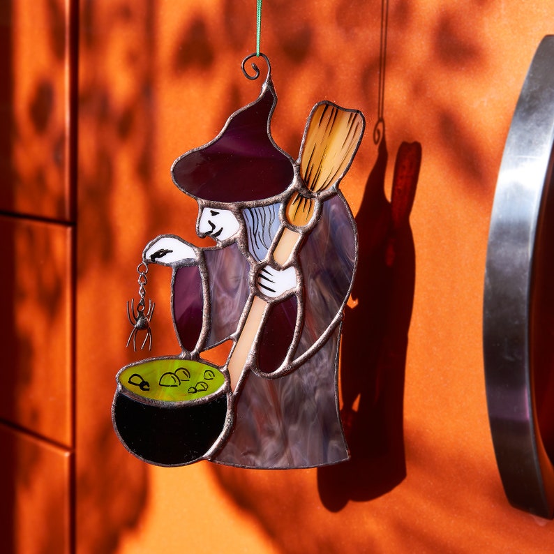 Witch brew potion Halloween stained glass idea, Halloween wall hangings, spider poison Horror decoration gift, Scary spooky for home image 2