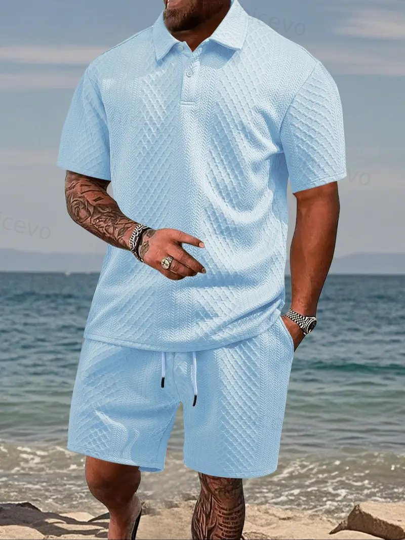 Men's 2-Piece Polo Shirt & Shorts Set Solid Casual Drawstring