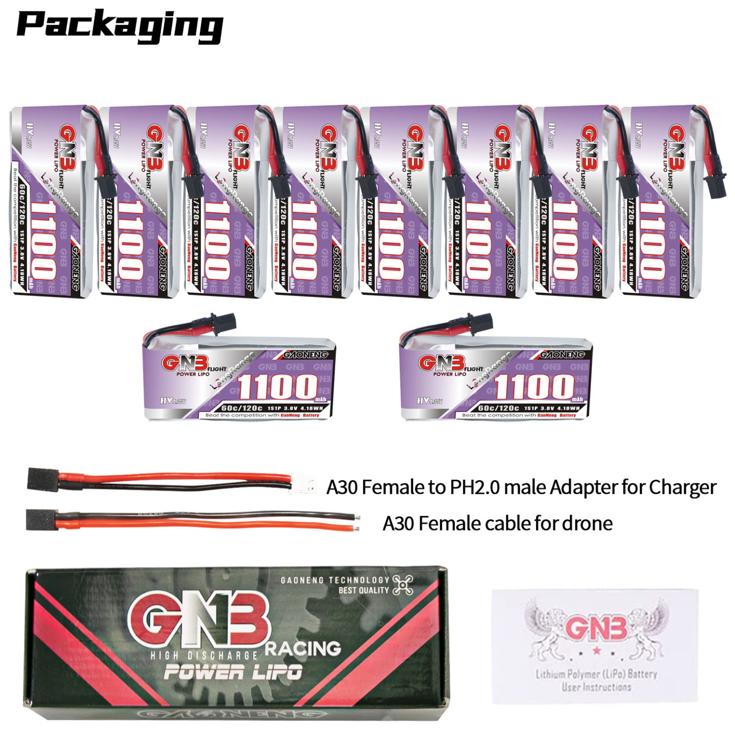 GAONENG GNB LiHV 1S 3.8V 1100mAh 60C A30 Cabled LiPo Battery Long Range