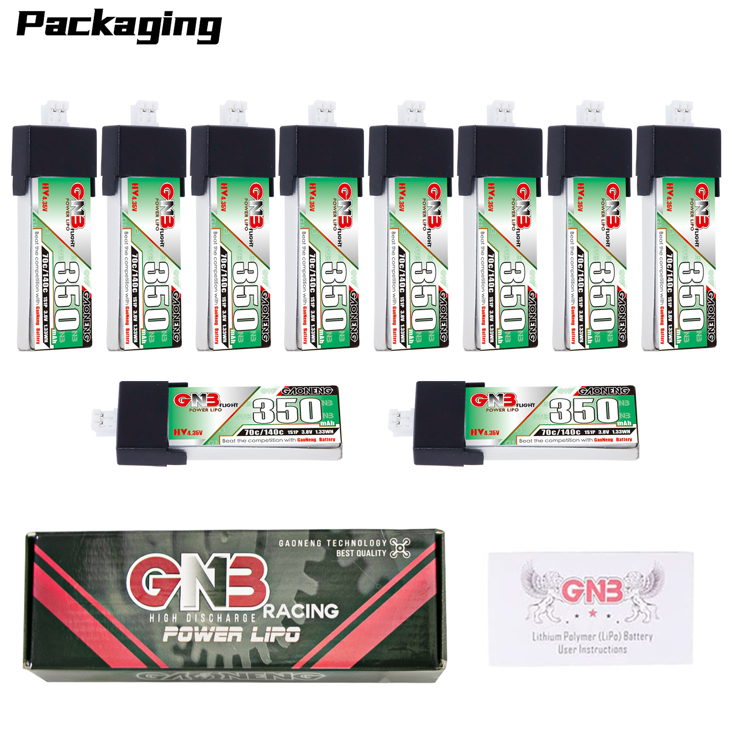 GAONENG GNB LiHV 1S 3.8V 350mAh 70C PH2.0 Plastic Head LiPo Battery