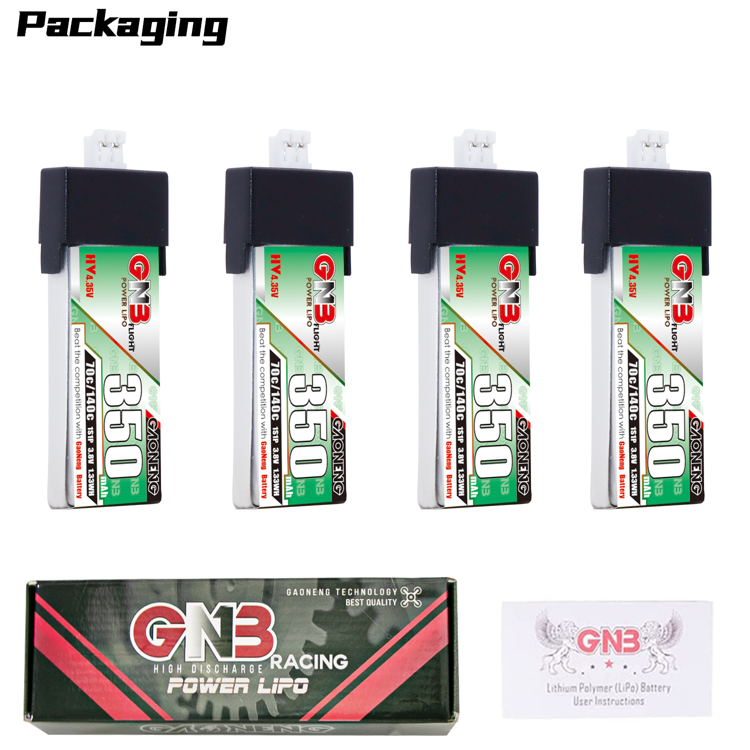 GAONENG GNB LiHV 1S 3.8V 350mAh 70C PH2.0 Plastic Head LiPo Battery