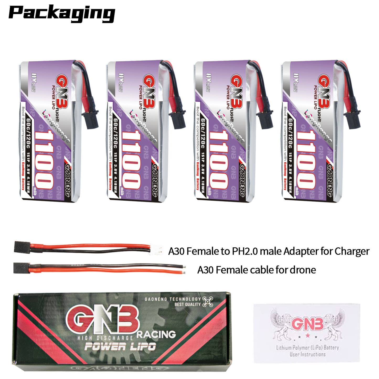 GAONENG GNB HV 1S 3.8V 850MAH 60C A30 RC LIPO BATTERY FPV DRONE QUAD