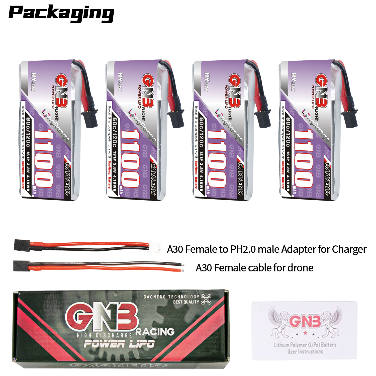 GAONENG GNB HV 1S 3.8V 850MAH 60C A30 RC LIPO BATTERY FPV DRONE QUAD