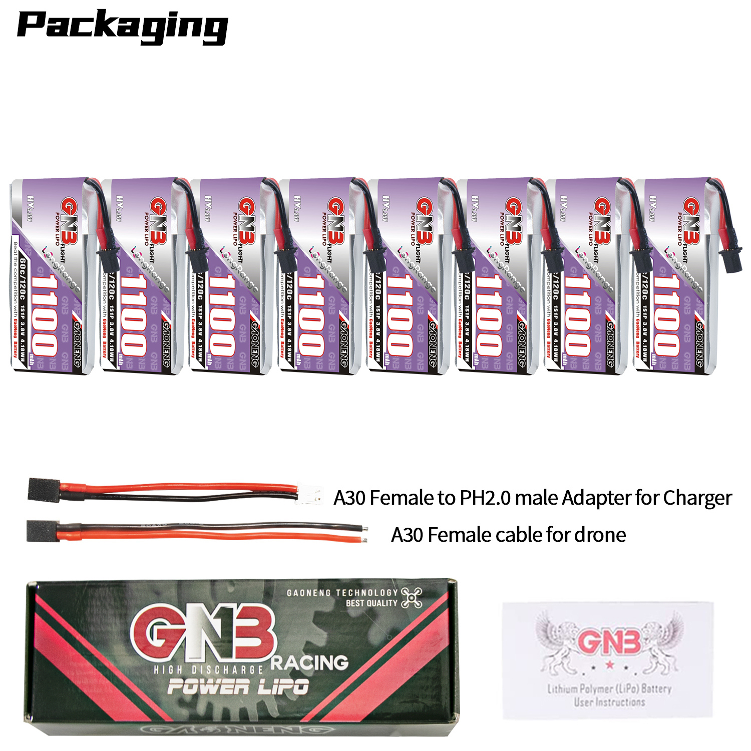 GAONENG GNB LiHV 1S 3.8V 1100mAh 60C A30 Cabled LiPo Battery Long Range