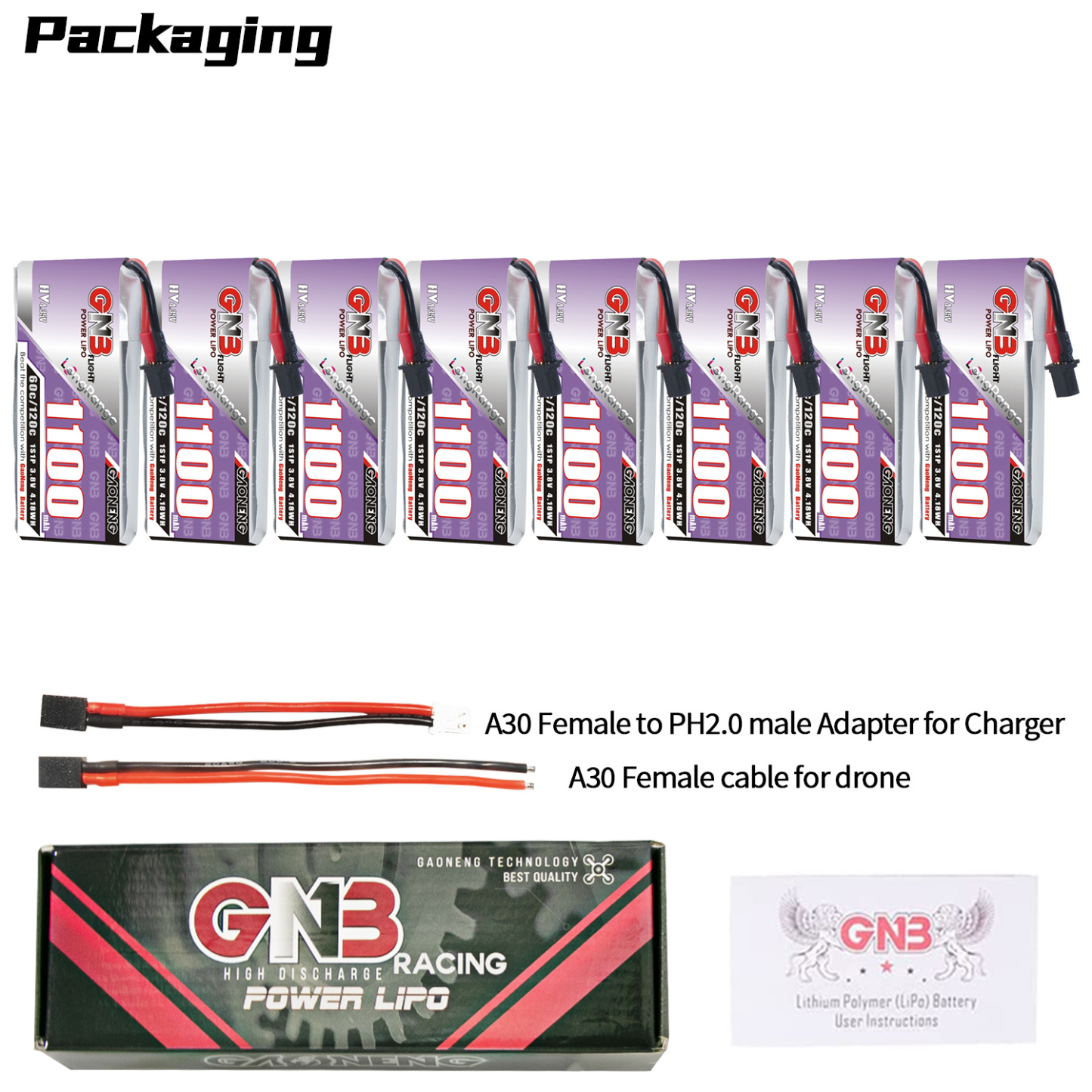 GAONENG GNB LiHV 1S 3.8V 1100mAh 60C A30 Cabled LiPo Battery Long Range