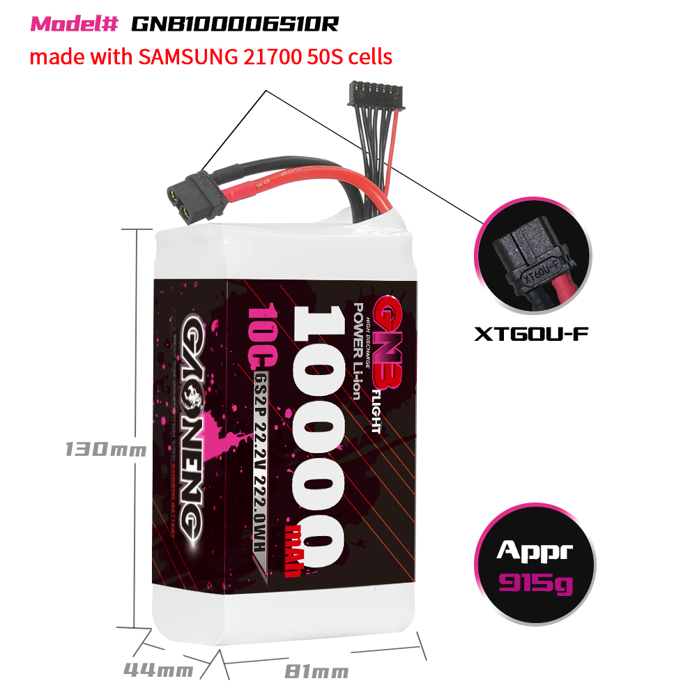 GAONENG GNB 6S 22.2V 10000mAh 10C XT60 Li-ion Battery made with Samsung 21700 50S