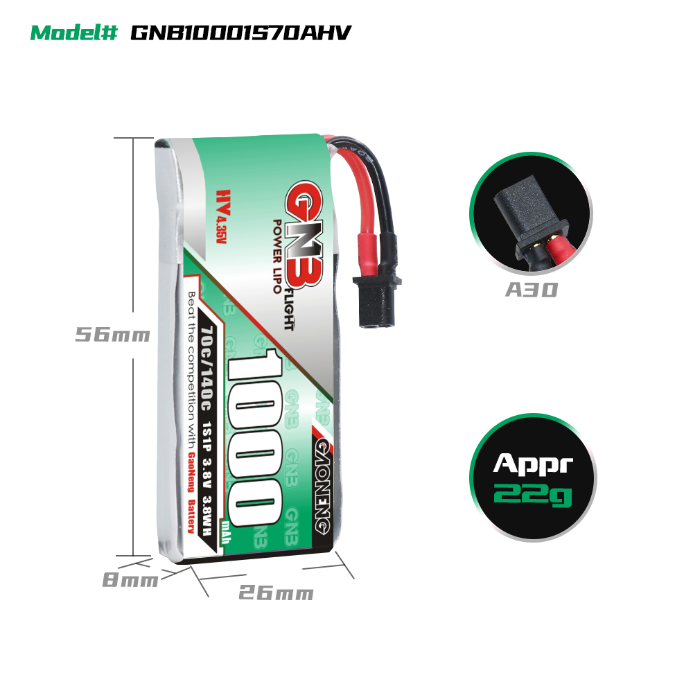 GAONENG GNB LiHV 1S 3.8V 1000mAh 70C A30 Cabled LiPo Battery Long Range