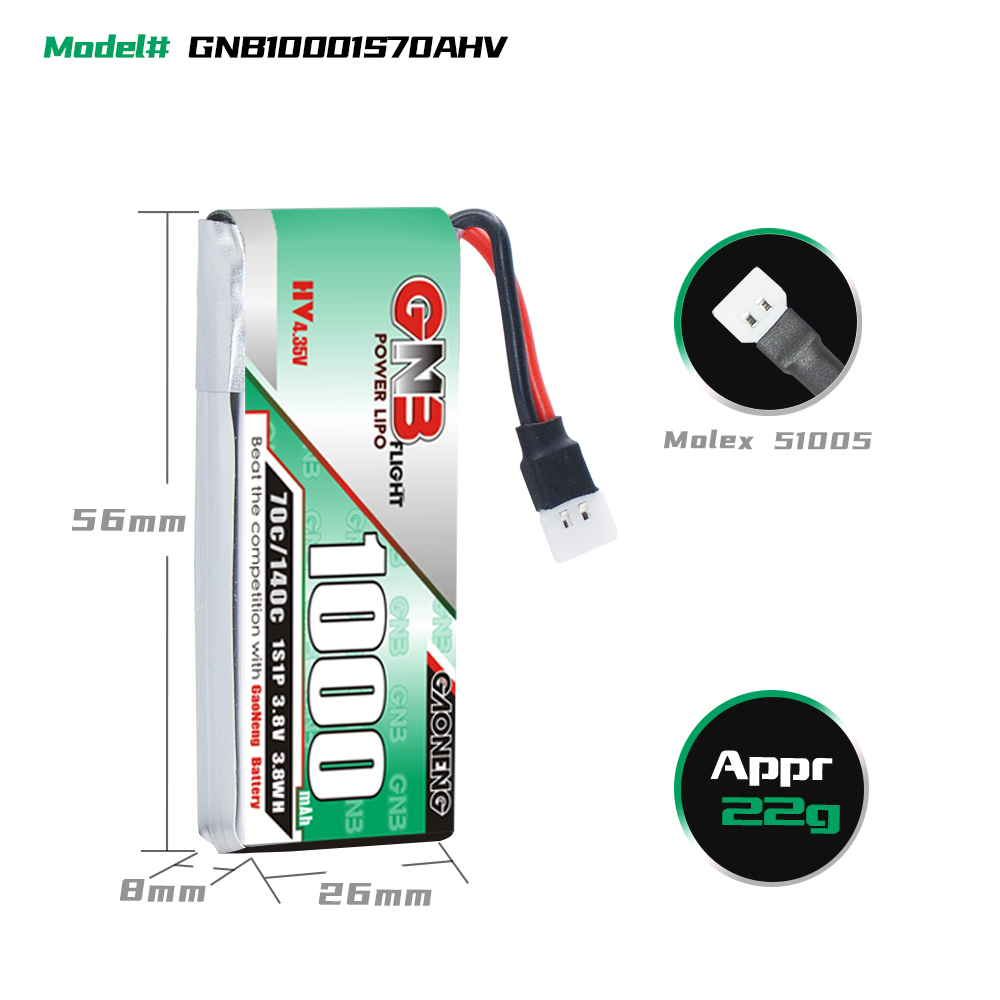[Copy]GAONENG GNB LiHV 1S 3.8V 1000mAh 70C Molex 51005 Cabled LiPo Battery Long Range