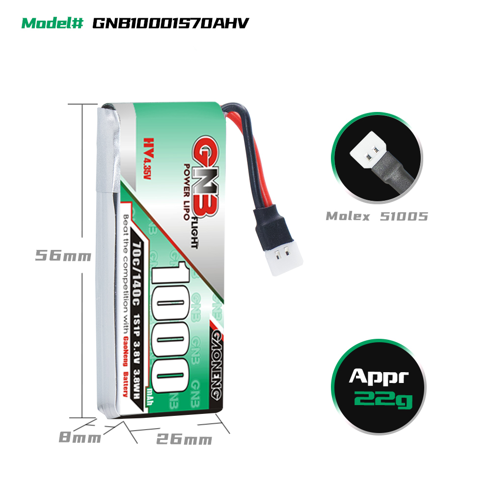 [Copy]GAONENG GNB LiHV 1S 3.8V 1000mAh 70C Molex 51005 Cabled LiPo Battery Long Range