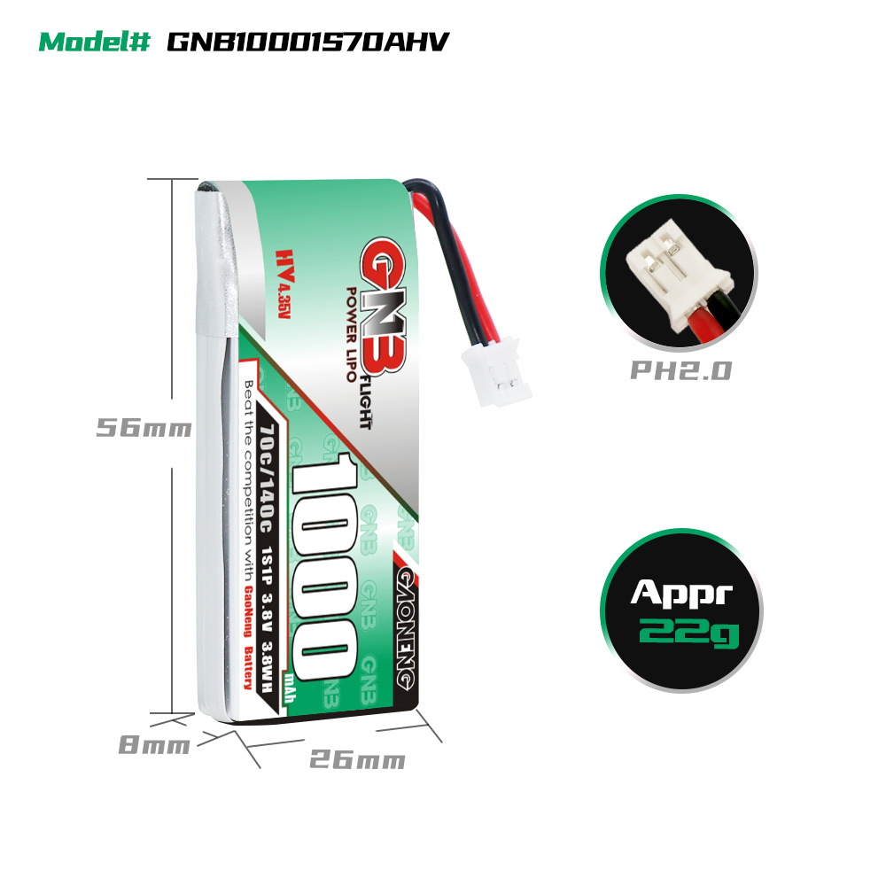 GAONENG GNB LiHV 1S 3.8V 1000mAh 70C PH2.0 Cabled LiPo Battery Long Range