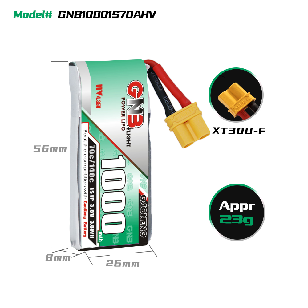 GAONENG GNB LiHV 1S 3.8V 1000mAh 70C XT30 Cabled LiPo Battery Long Range