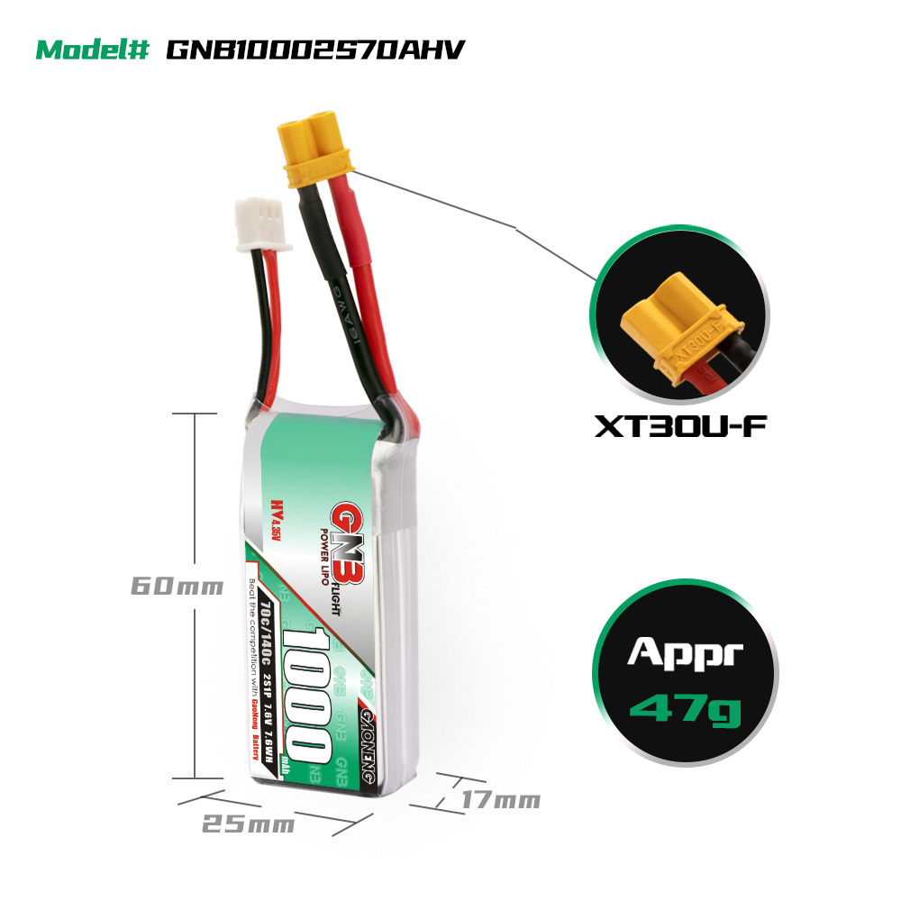 GAONENG GNB LiHV 2S 7.6V 1000mAh 70C XT30 LiPo Battery Long Range