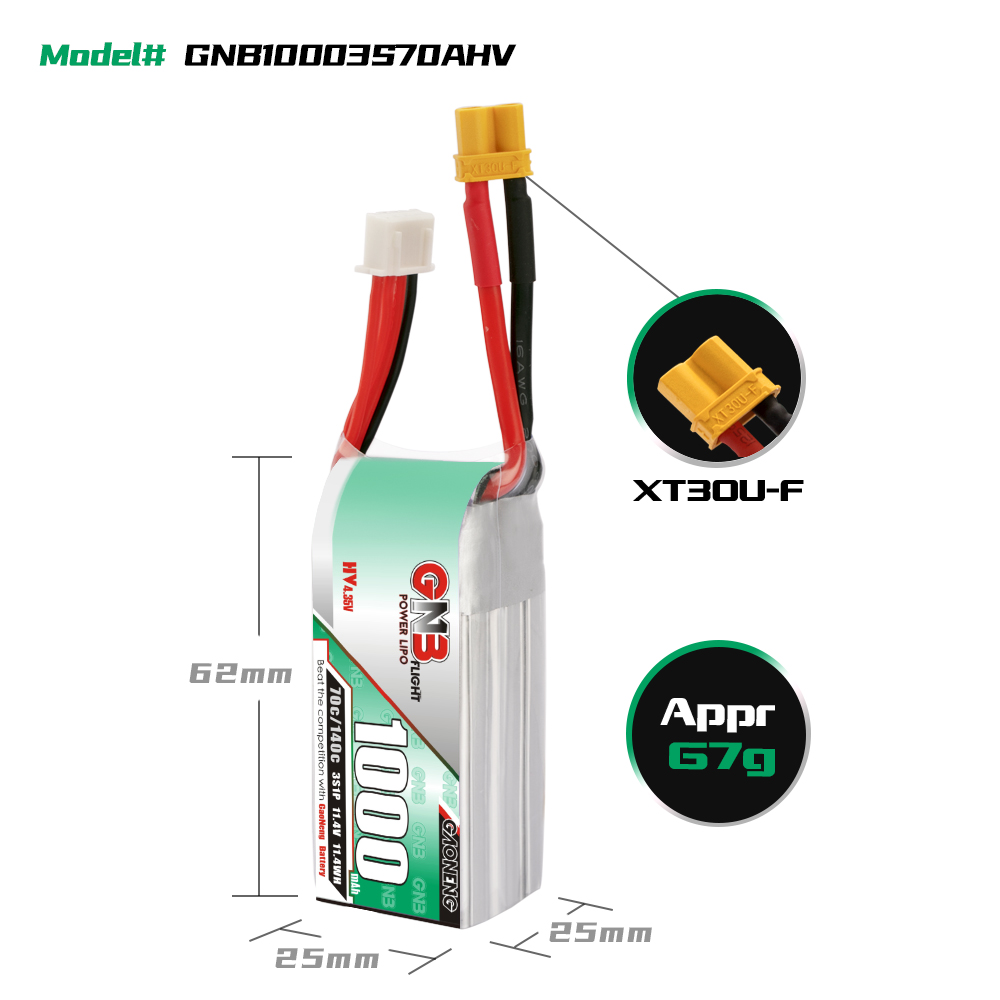 GAONENG GNB LiHV 3S 11.4V 1000mAh 70C XT30 LiPo Battery Long Range