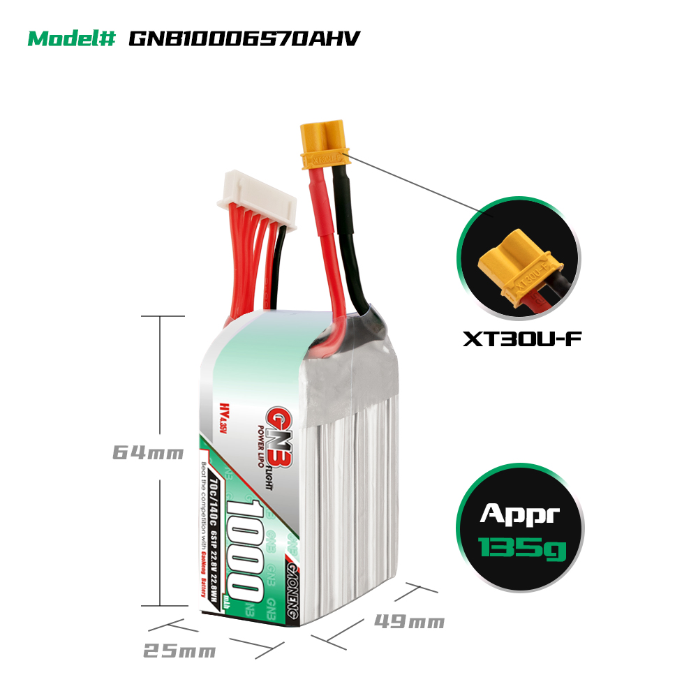 GAONENG GNB LiHV 6S 22.8V 1000mAh 70C XT30 LiPo Battery LongRange
