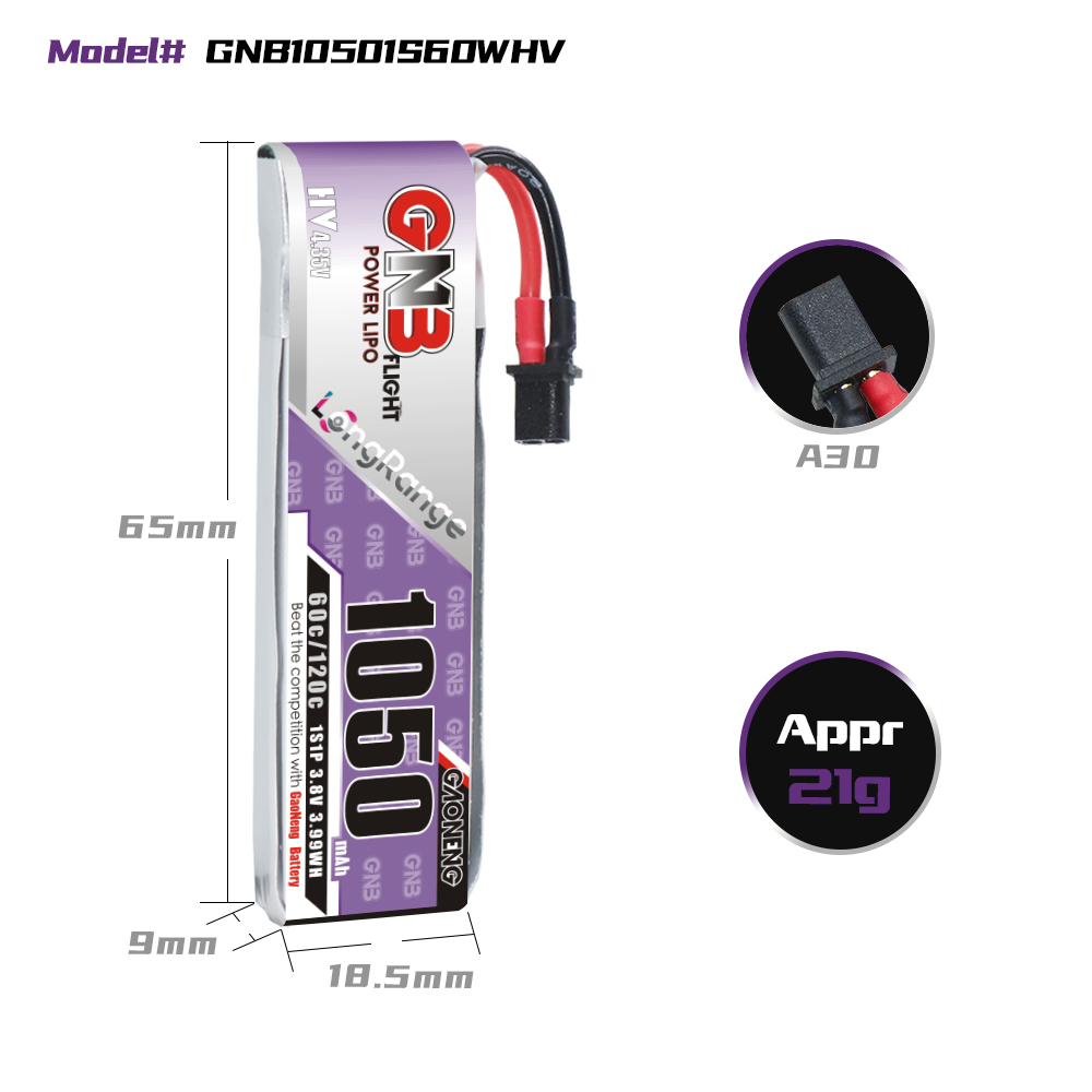 GAONENG GNB LiHV 1S 3.8V 1050mAh 60C A30 Cabled LiPo Battery Long Range